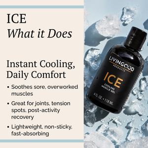 A promotional graphic for Living Good Products ICE Cooling Muscle Gel. The left side has a beige background with black text explaining the product's cooling benefits.