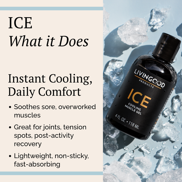 A promotional graphic for Living Good Products ICE Cooling Muscle Gel. The left side has a beige background with black text explaining the product's cooling benefits.
