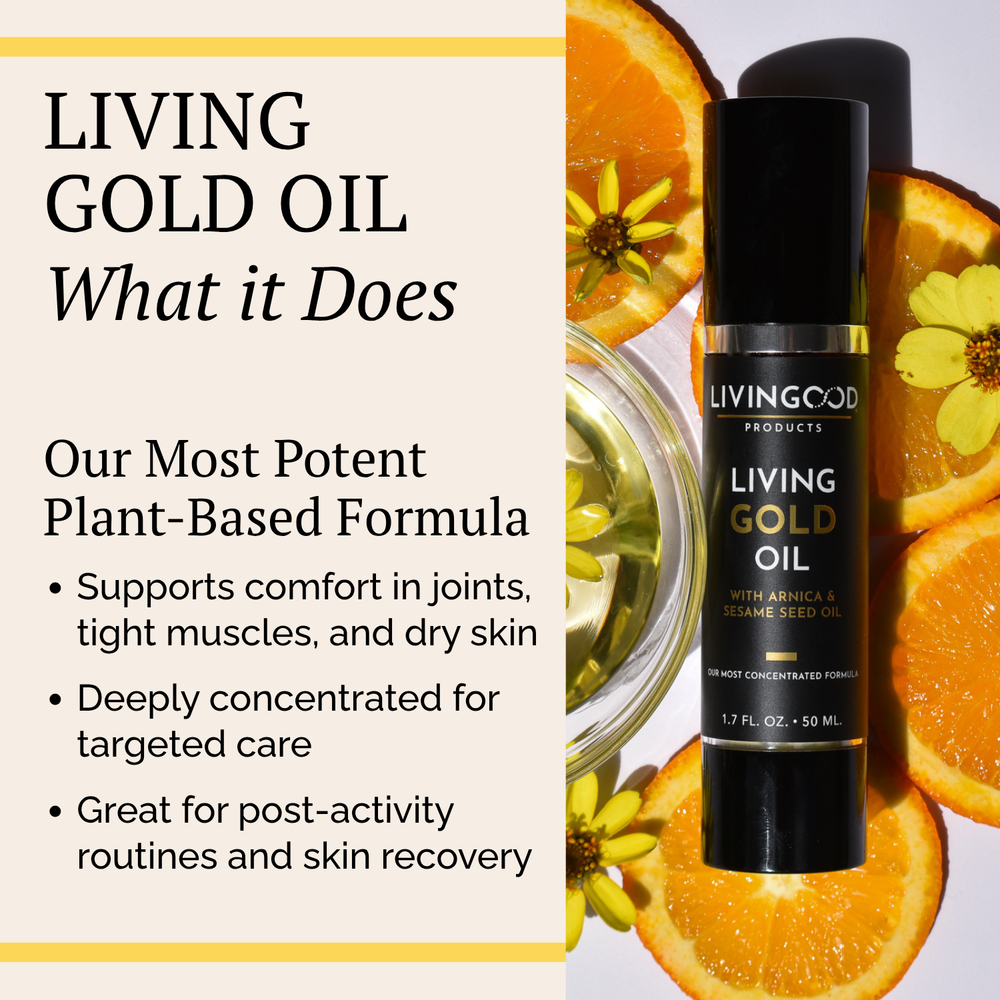 Living Gold Oil pump bottle with its cap off, displayed on a light marble surface with a soft-focus background.