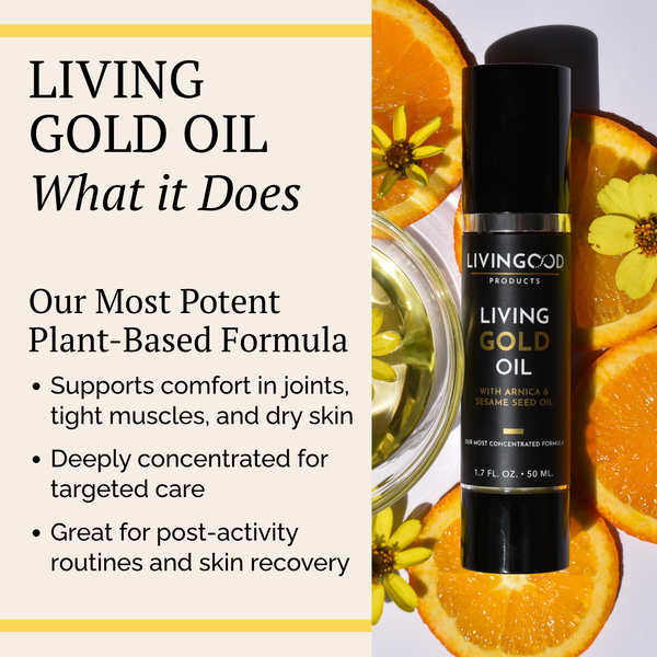 A promotional product graphic for Living Gold Oil. On the left is a beige text panel with black lettering describing the plant-based formula and benefits.