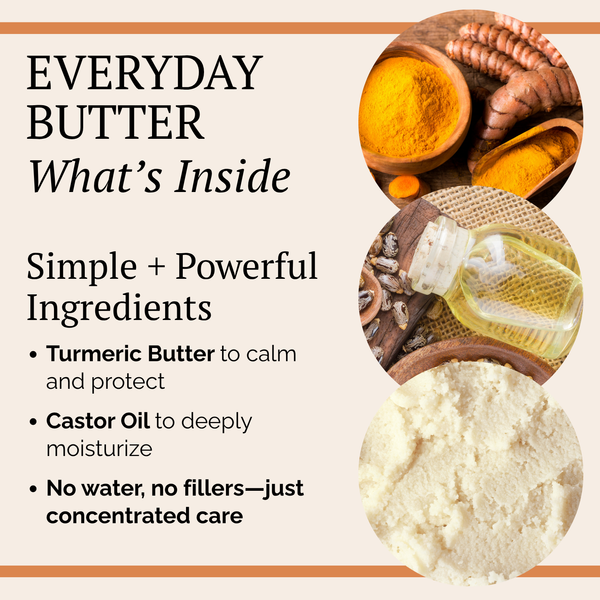 Promotional graphic for everyday butter with text reading 'EVERYDAY BUTTER What's Inside' and bullet points about turmeric butter, castor oil, and moisturizing benefits. Three circular inset photos show turmeric powder, a bottle of yellow oil, and a close-up of pale butter on a beige background with orange border lines.