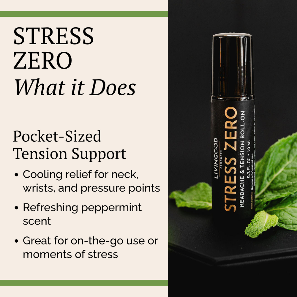 A bottle of LIVINGOOD Stress Zero Headache & Tension Roll-On with its cap off, standing on a light marble surface with a marble background.