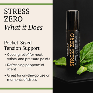 Stress Zero headache and tension roll-on by Livingood Products, shown as a black cylindrical bottle on a dark surface with mint leaves, next to a text panel describing its cooling relief and peppermint scent.