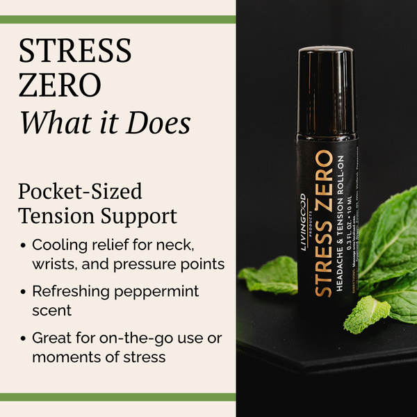 Stress Zero headache and tension roll-on by Livingood Products, shown as a black cylindrical bottle on a dark surface with mint leaves, next to a text panel describing its cooling relief and peppermint scent.