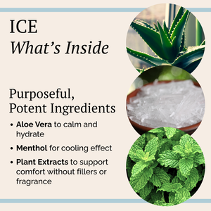 An informational graphic titled 'ICE What’s Inside' with text describing aloe vera, menthol, and plant extracts, alongside three circular photos showing green aloe leaves, crushed ice, and mint leaves.