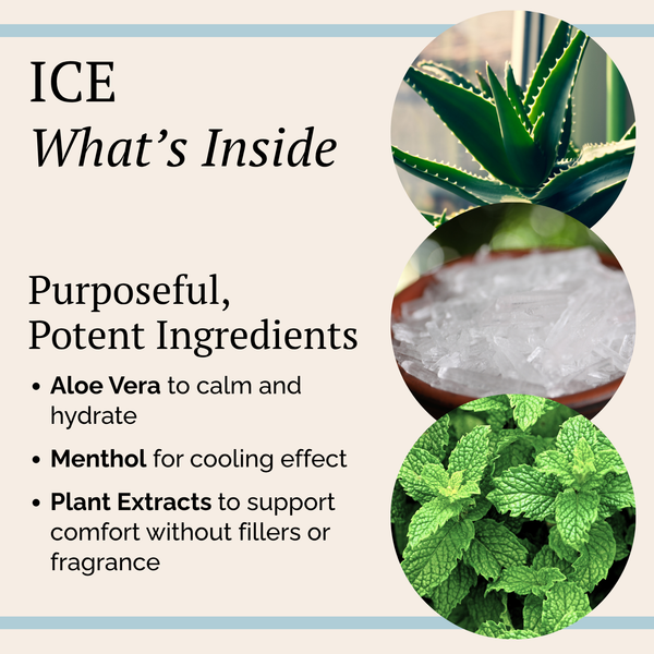 An informational graphic titled 'ICE What’s Inside' with text describing aloe vera, menthol, and plant extracts, alongside three circular photos showing green aloe leaves, crushed ice, and mint leaves.