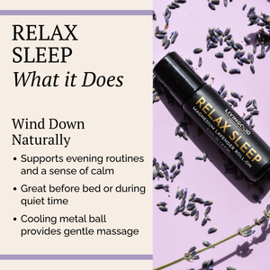 A promotional graphic for the Livingood Relax Sleep Magnesium Lavender Roll-on. The left side features a beige text panel with black lettering explaining the product's benefits, while the right side shows the black cylindrical roll-on bottle with gold lettering, surrounded by scattered lavender buds on a light purple background.