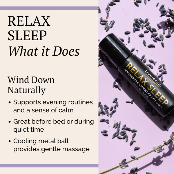A promotional graphic for the Livingood Relax Sleep Magnesium Lavender Roll-on. The left side features a beige text panel with black lettering explaining the product's benefits, while the right side shows the black cylindrical roll-on bottle with gold lettering, surrounded by scattered lavender buds on a light purple background.