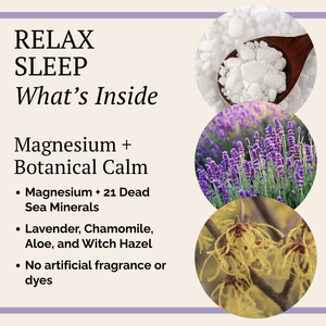 Promotional graphic for Livingood Relax Sleep with text reading 'What's Inside' and bullet points about Magnesium, botanical ingredients, and no artificial fragrance or dyes. The right side shows three circular photos: white powder in a wooden spoon, purple lavender flowers, and yellow wildflowers.