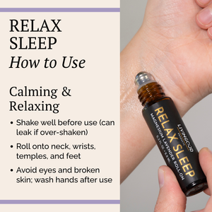 Instructional graphic for Livingood Relax Sleep Magnesium Lavender Roll-on, showing a hand holding the amber glass roller bottle next to text instructions on how to use it.
