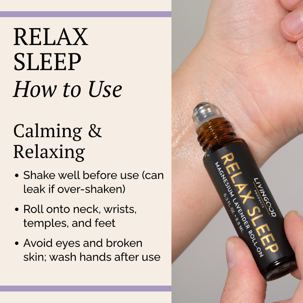 Instructional graphic for Livingood Relax Sleep Magnesium Lavender Roll-on, showing a hand holding the amber glass roller bottle next to text instructions on how to use it.