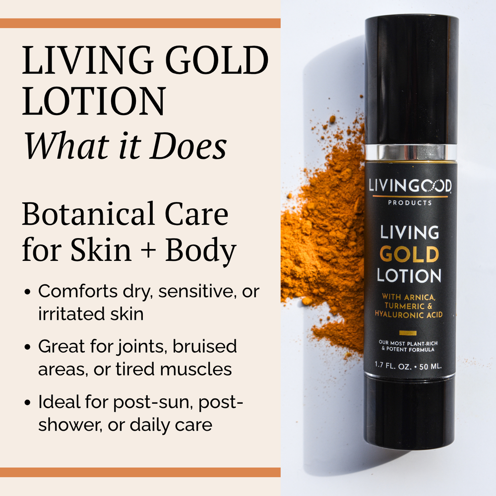 Living Gold Lotion pump bottle with its cap off, standing on a light marble surface against a matching marble background. The bottle is black with gold lettering and a white pump dispenser.