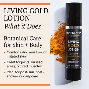 A promotional graphic for Living Gold Lotion by Livinggood Products, showing a black cylindrical bottle with a silver band and gold text on a white background, alongside a pile of turmeric and text describing skin and body benefits.