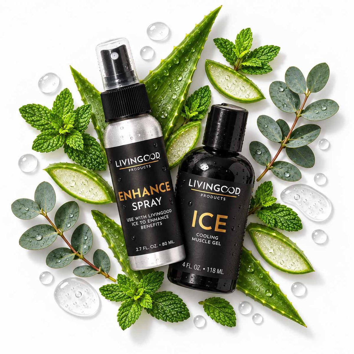 Enhance Spray and Ice Cooling Muscle Gel on a white background with aloe and eucalyptus 