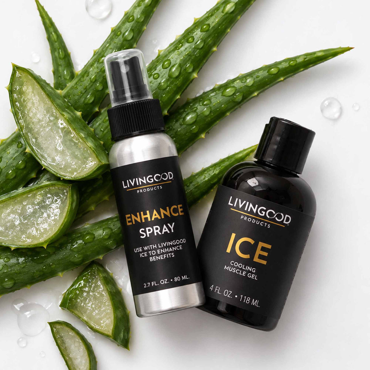 Livingood Ice and Enhance Spray on a white background with aloe behind it