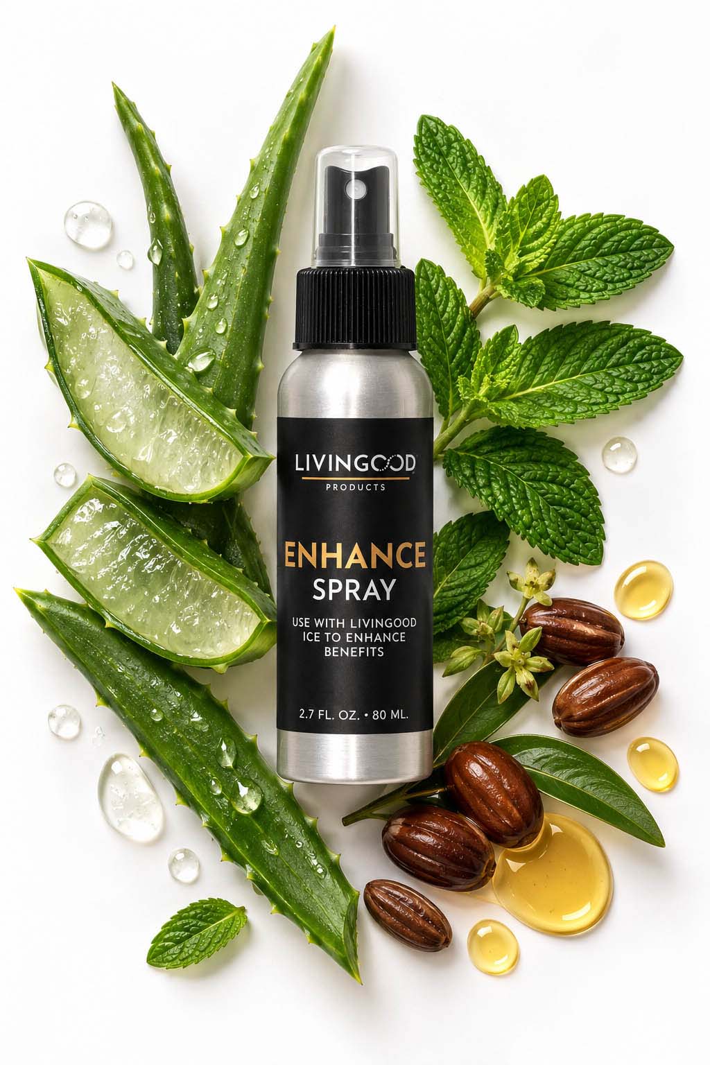 Livingood Enhance with ingredients behind it, including aloe, peppermint, and oil