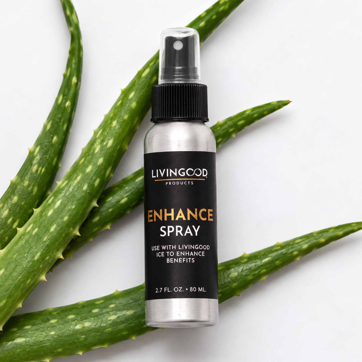 Livingood Enhance Spray with aloe leaves in the background