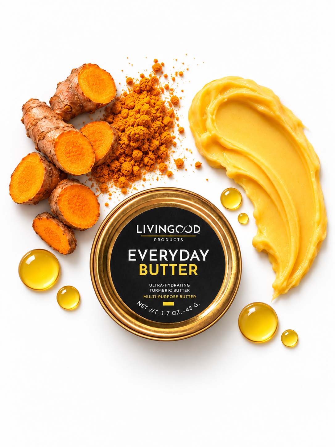 Everyday Butter tin with turmeric powder and oil and butter swatches