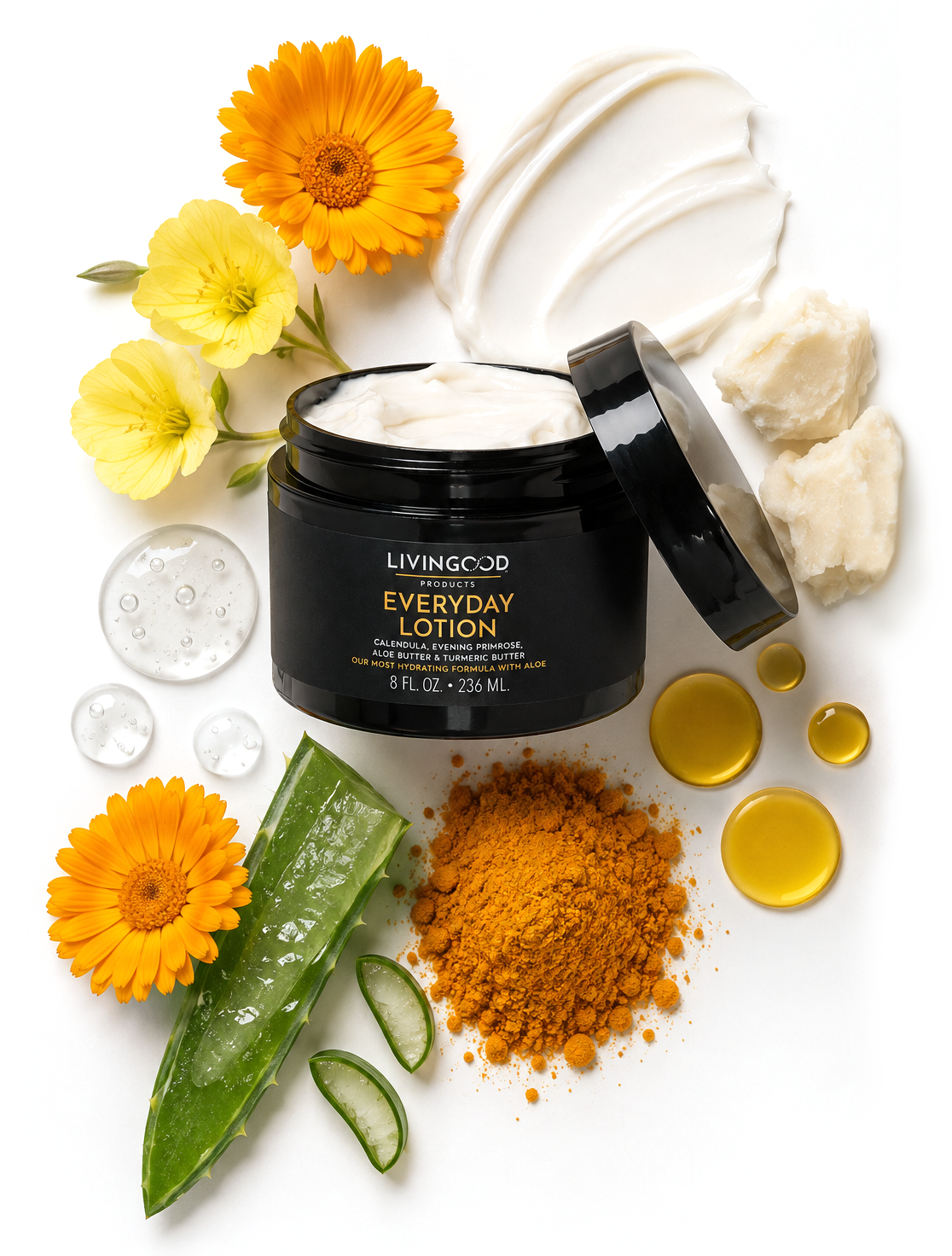 Everyday Lotion on white background with ingredients around it, including turmeric, aloe, oil, and butters