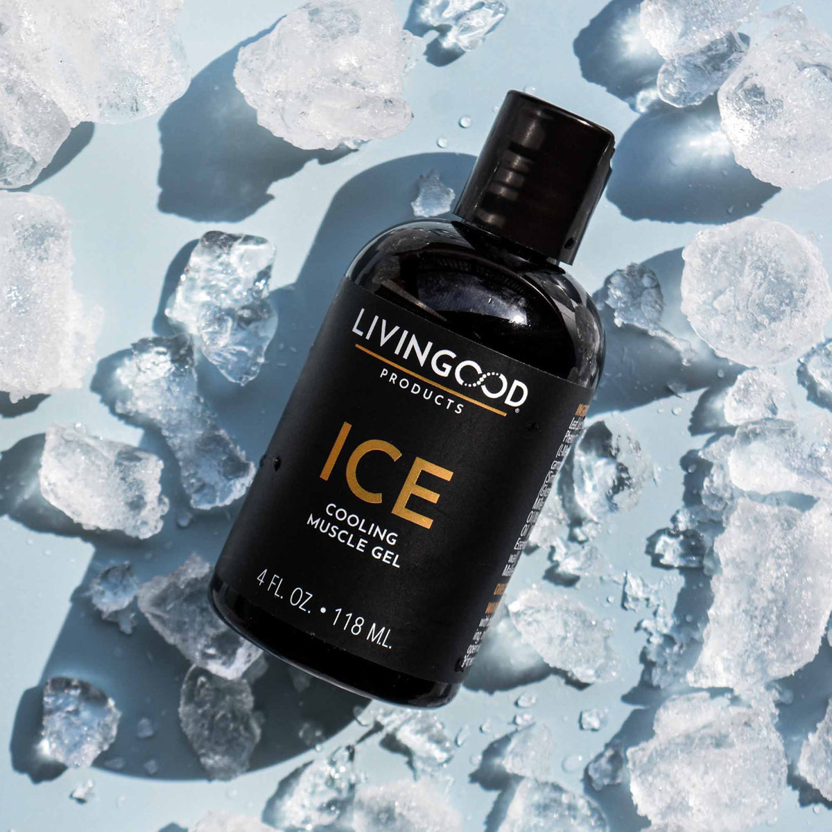 Ice Muscle Cooling Gel on a blue background with ice around it.