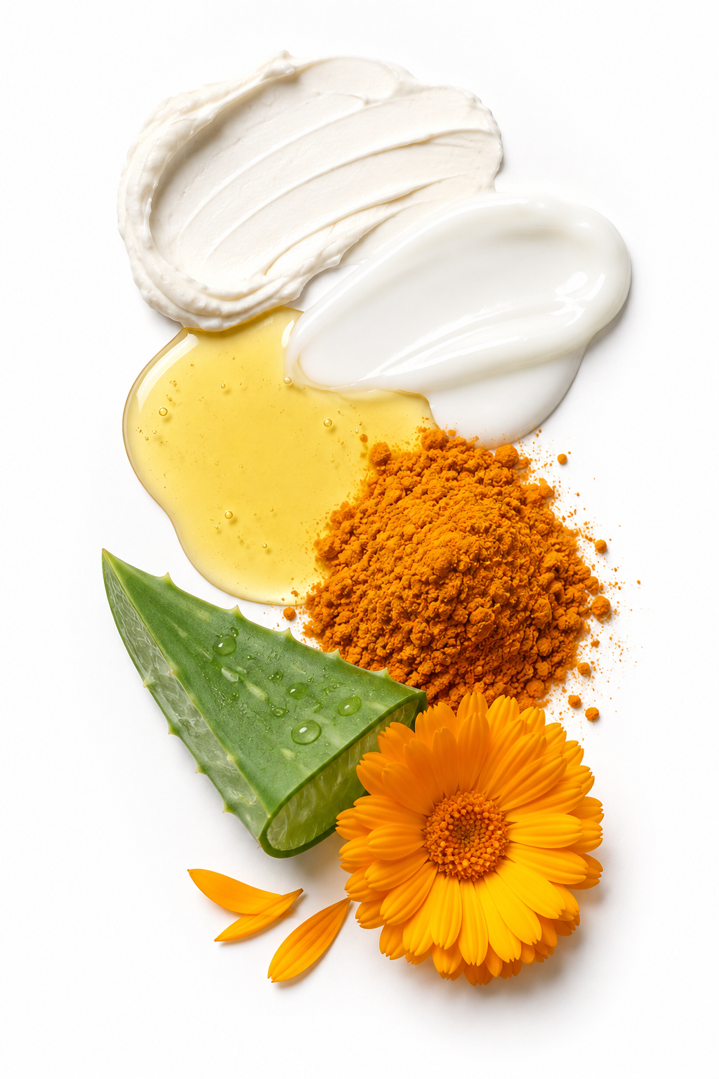 product swatches on white background, lotion, oil, turmeric, aloe, calendula