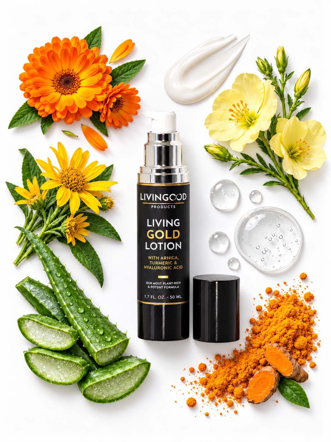 Living Gold Lotion on white background with ingredients around it, including aloe, calendula and turmeric