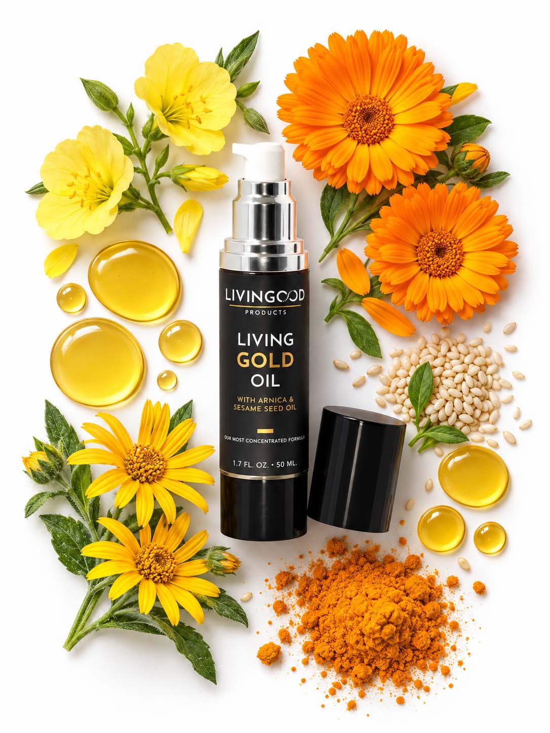 Living Gold Oil with ingredients around it, including calendula, oil, turmeric