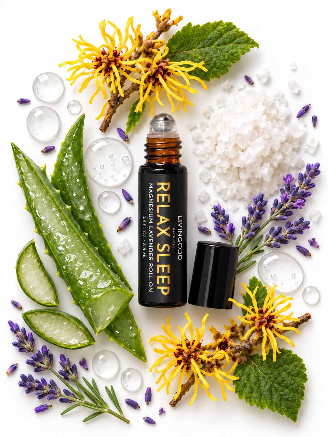 Livingood Relax bottle with aloe, lavender and magnesium around it