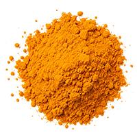 A pile of bright orange-yellow ground spice powder, turmeric, on a plain white background.